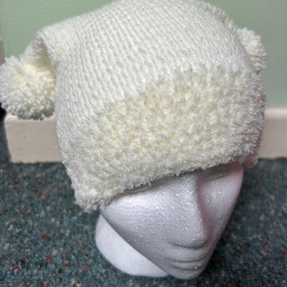 White Knitted Double Pom Pom Beanie Hat
