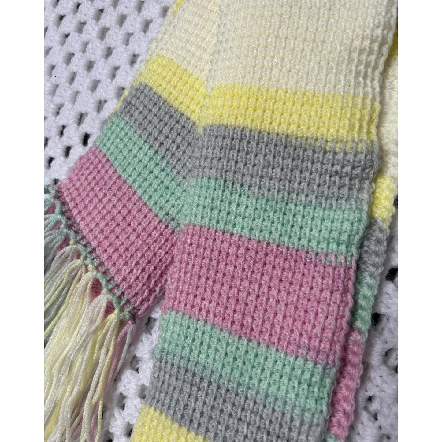 Pastel Crochet Scarf: Handmade Tunisian Stitch Acrylic Fringe Scarf