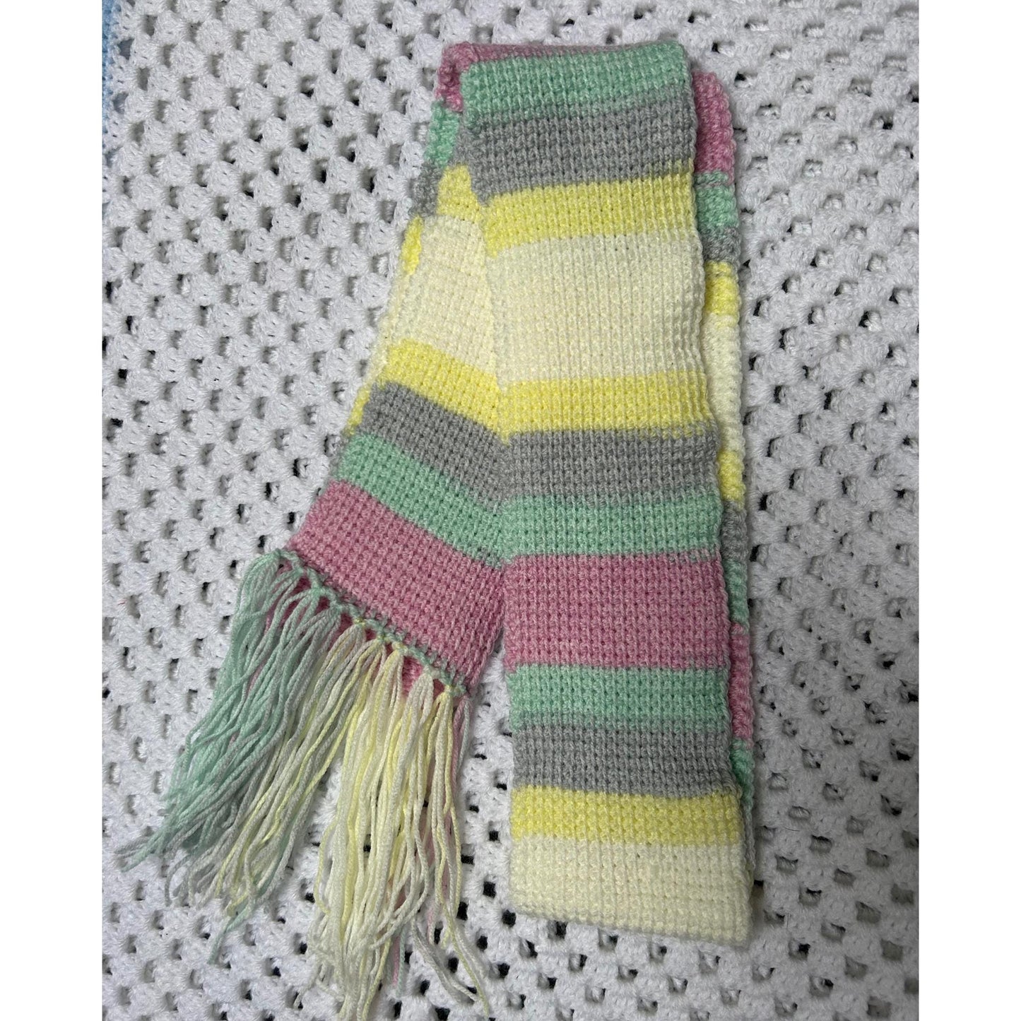 Pastel Crochet Scarf: Handmade Tunisian Stitch Acrylic Fringe Scarf