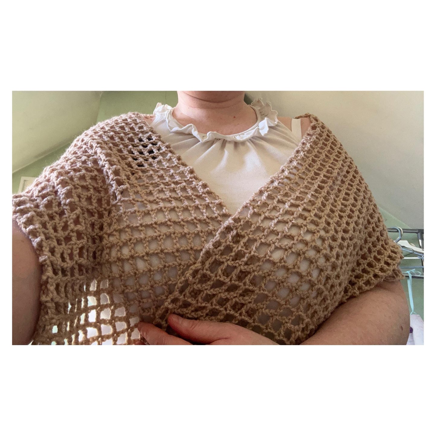 Long Sandy Brown Open Weave Mesh Shawl