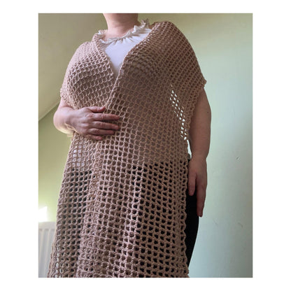 Long Sandy Brown Open Weave Mesh Shawl