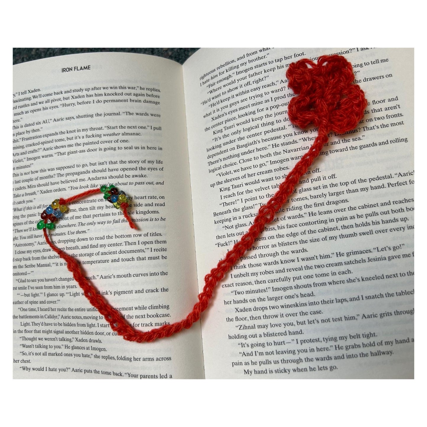 Crocheted Floral Bookmark: Orange Fabric with Colorful Beads