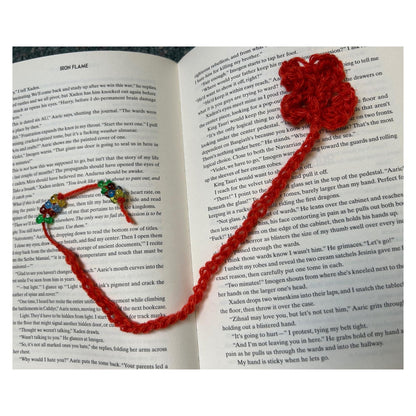 Crocheted Floral Bookmark: Orange Fabric with Colorful Beads