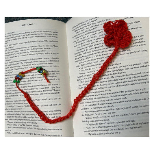 Crocheted Floral Bookmark: Orange Fabric with Colorful Beads