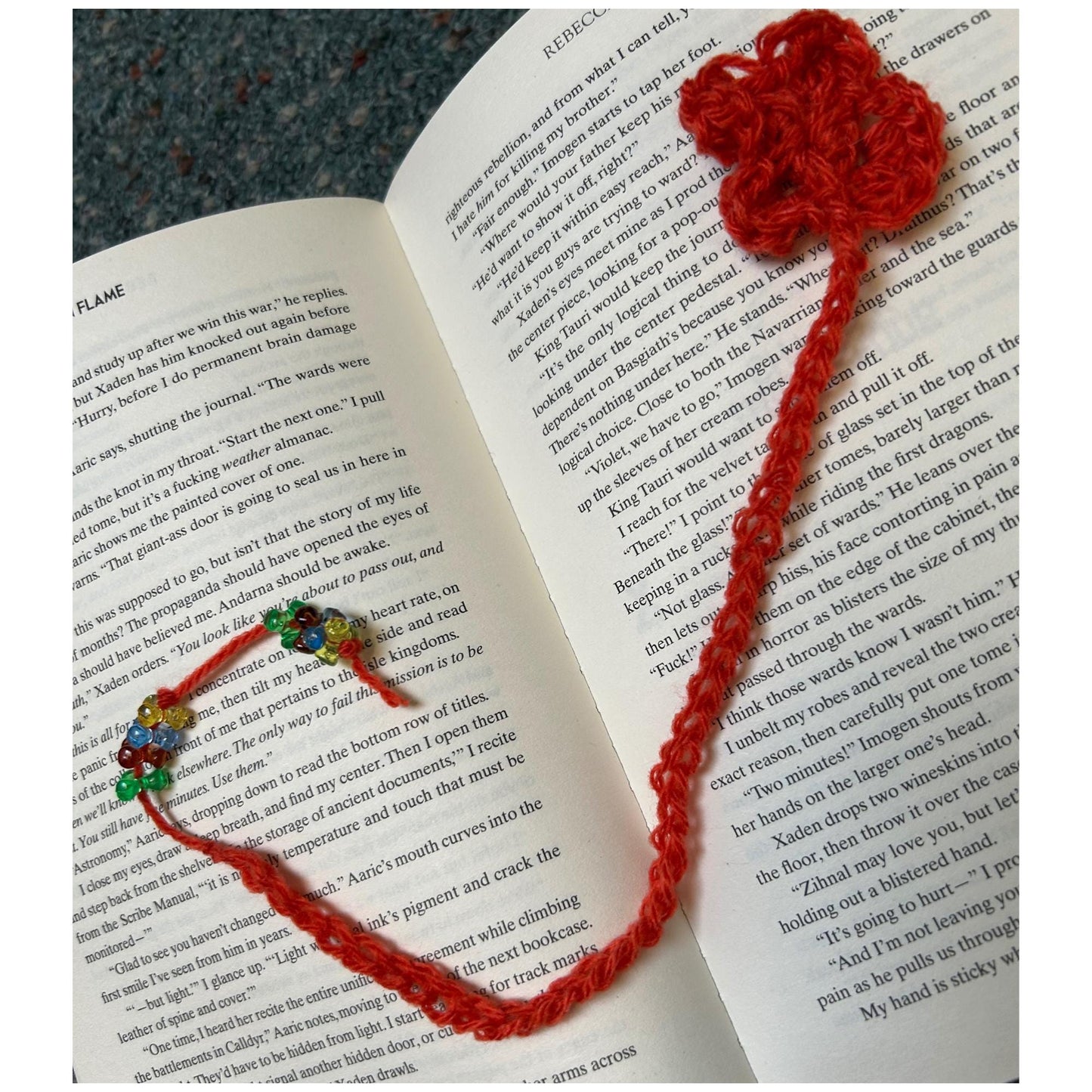 Crocheted Floral Bookmark: Orange Fabric with Colorful Beads