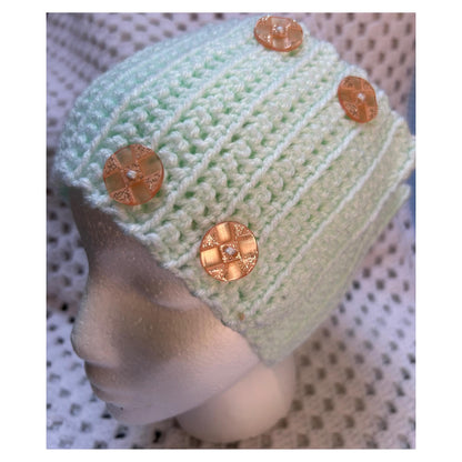 Crochet Headband: Green Ear Warmer with Peach Sparkly Buttons