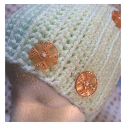 Crochet Headband: Green Ear Warmer with Peach Sparkly Buttons