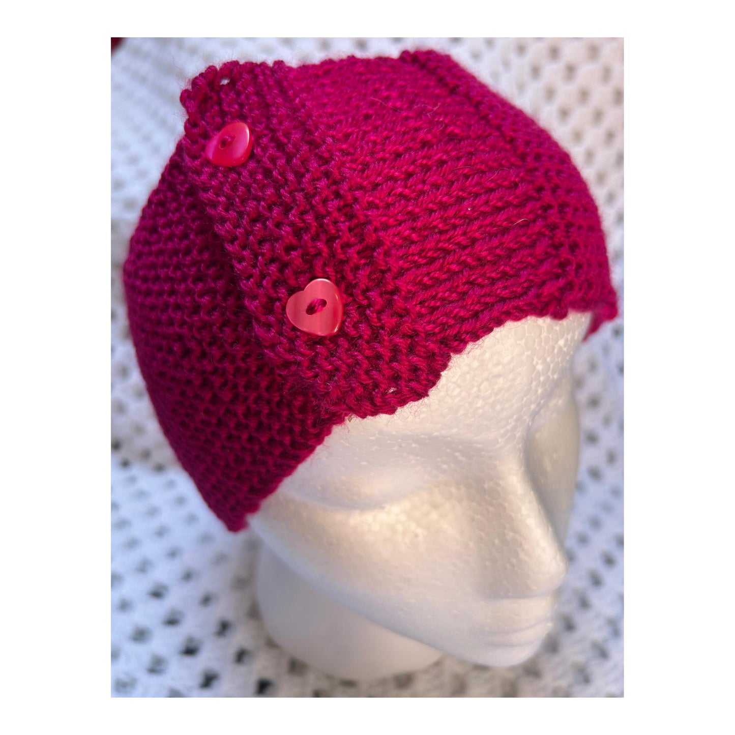 Knitted Headband: Red-Purple Yoga Hair Wrap with Heart Buttons