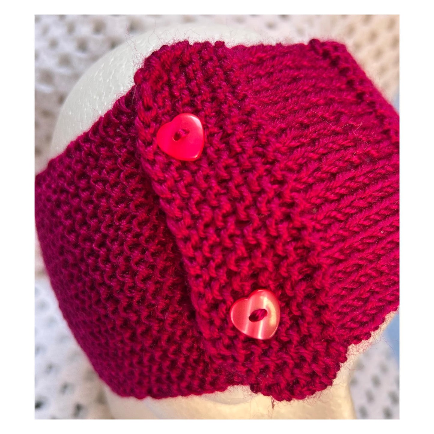 Knitted Headband: Red-Purple Yoga Hair Wrap with Heart Buttons