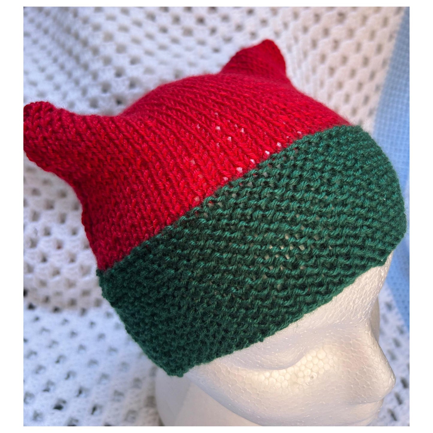 Red and Green Knit Beanie with Animal Ears - Handmade Christmas Hat