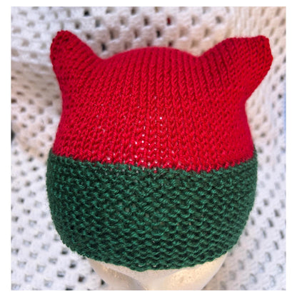 Red and Green Knit Beanie with Animal Ears - Handmade Christmas Hat