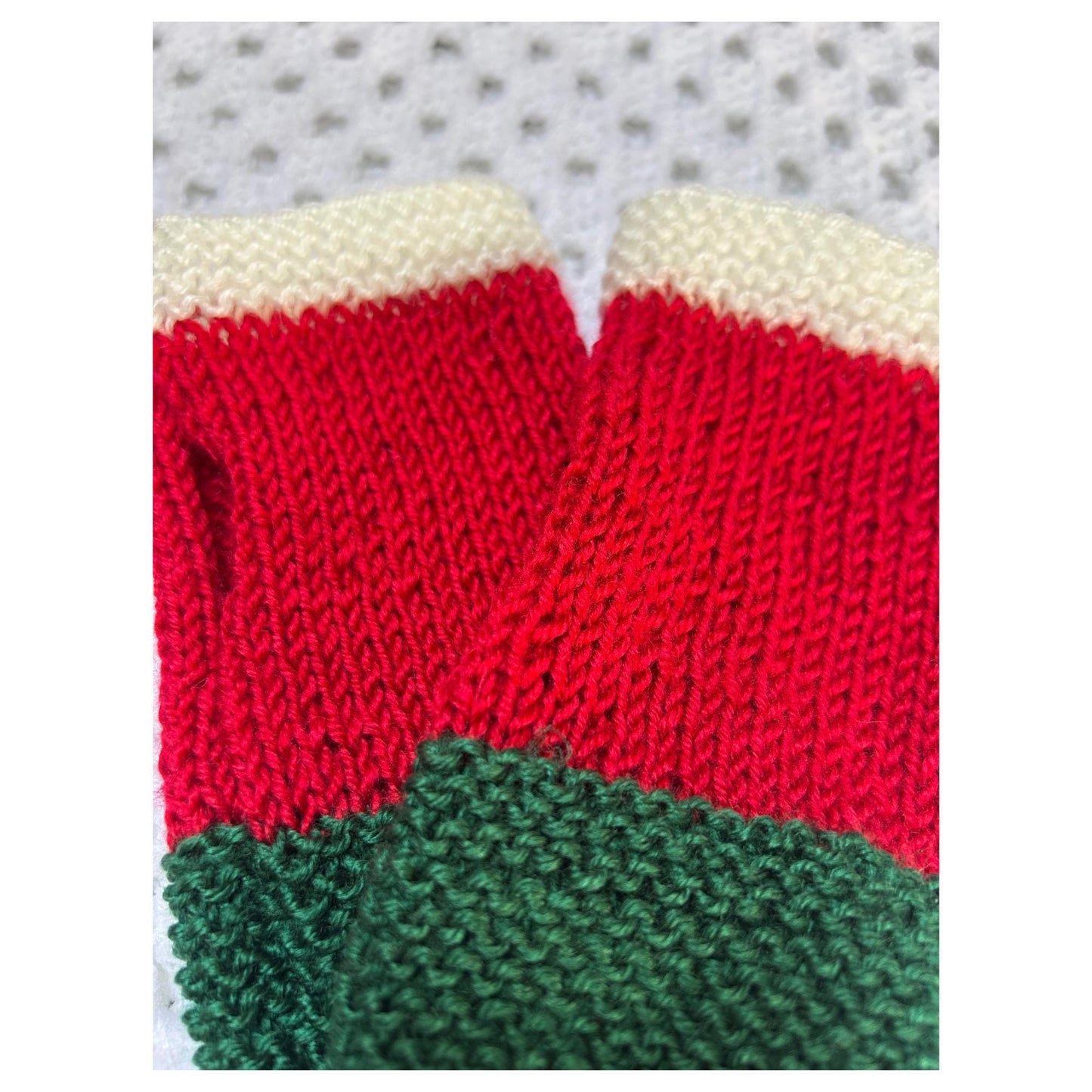 Hand-Knit Fingerless Gloves: Red, Green, and White Christmas Mitts