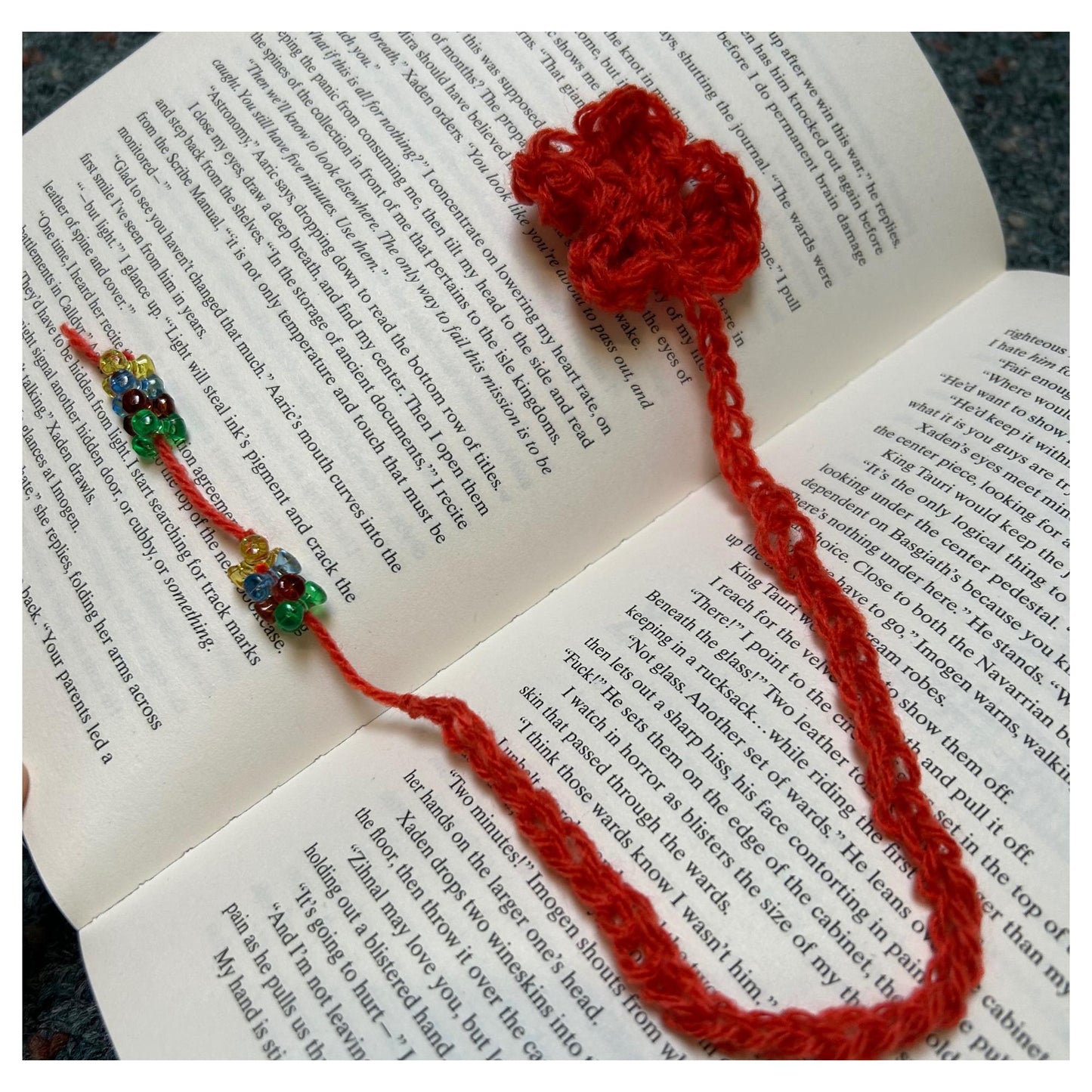 Crocheted Floral Bookmark: Orange Fabric with Colorful Beads
