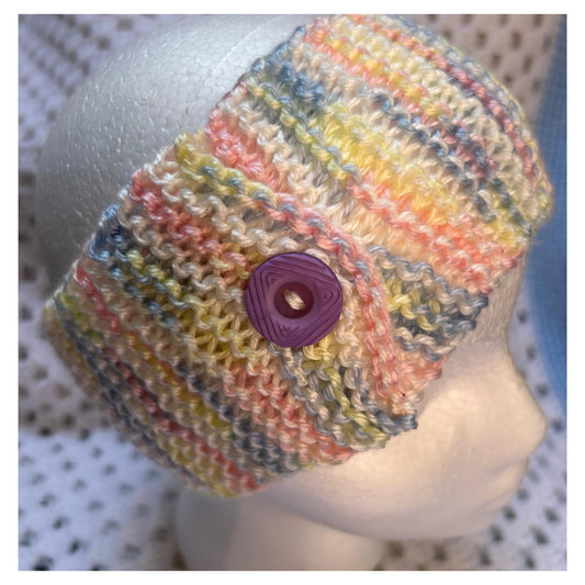 Pastel Knit Headband: Hand-Knitted Ear Warmer with Purple Button