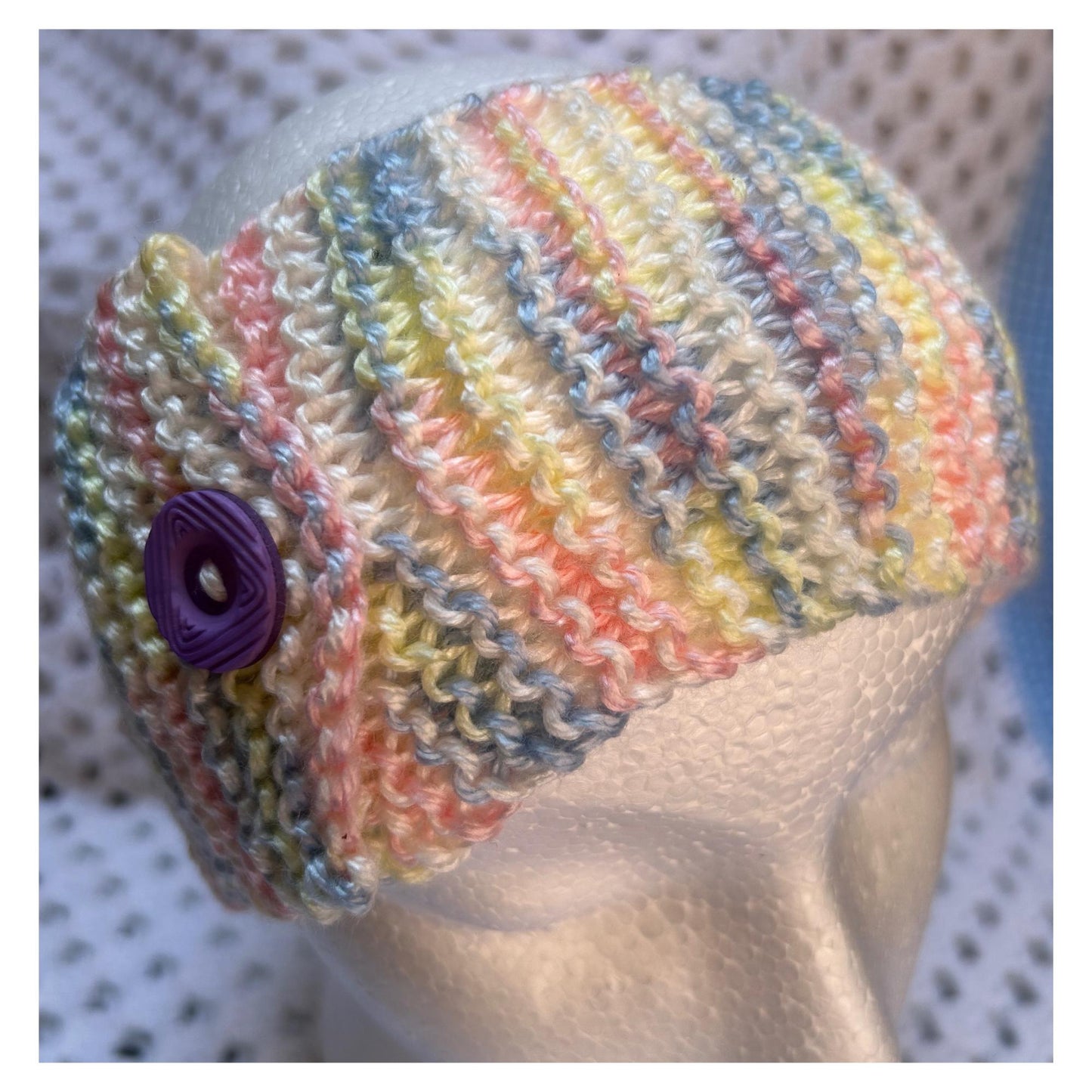 Pastel Knit Headband: Hand-Knitted Ear Warmer with Purple Button
