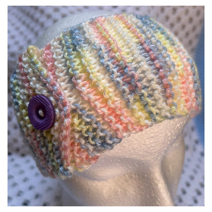 Pastel Knit Headband: Hand-Knitted Ear Warmer with Purple Button