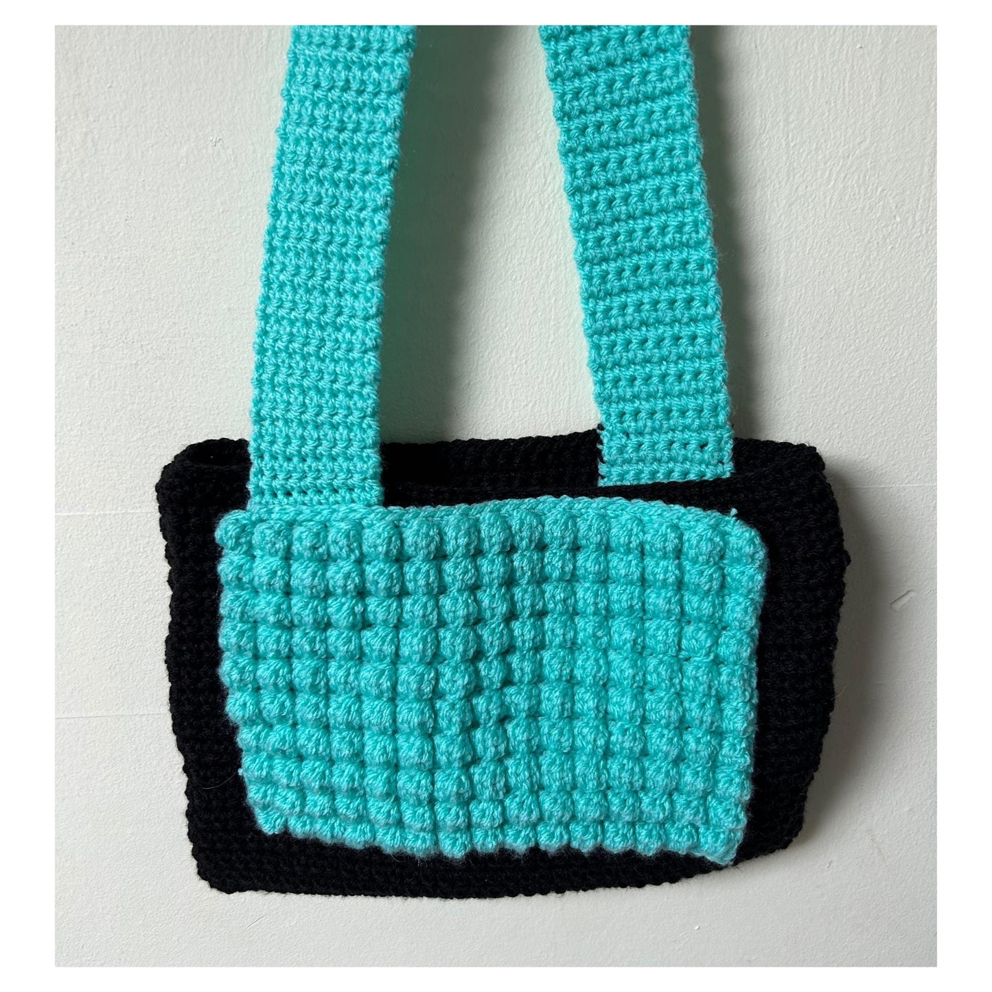 Handmade Crochet Bobble Pouch Bag, Mint Green & Black Shoulder Bag