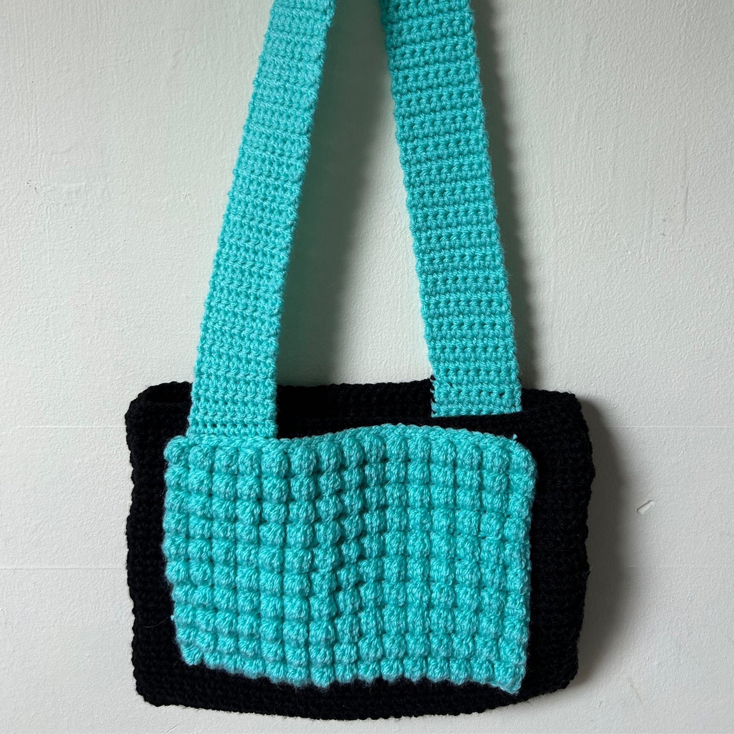 Handmade Crochet Bobble Pouch Bag, Mint Green & Black Shoulder Bag