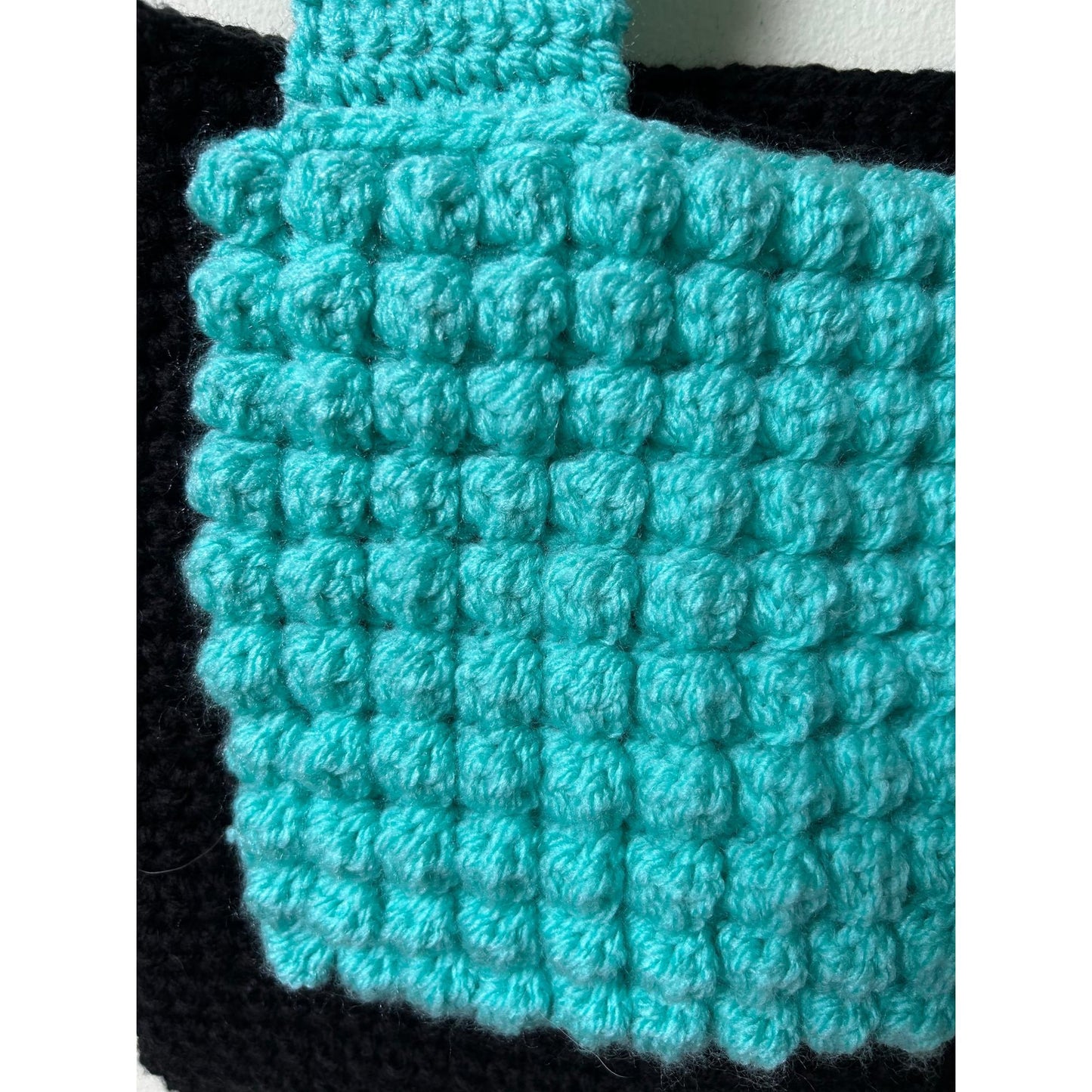 Handmade Crochet Bobble Pouch Bag, Mint Green & Black Shoulder Bag