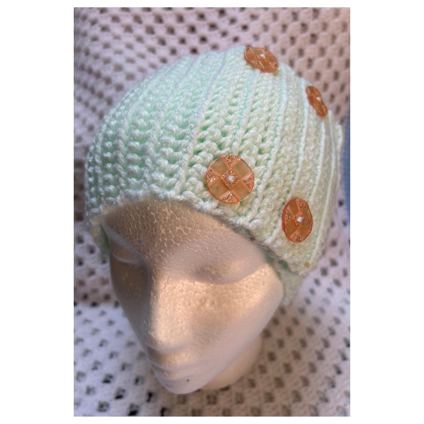 Crochet Headband: Green Ear Warmer with Peach Sparkly Buttons