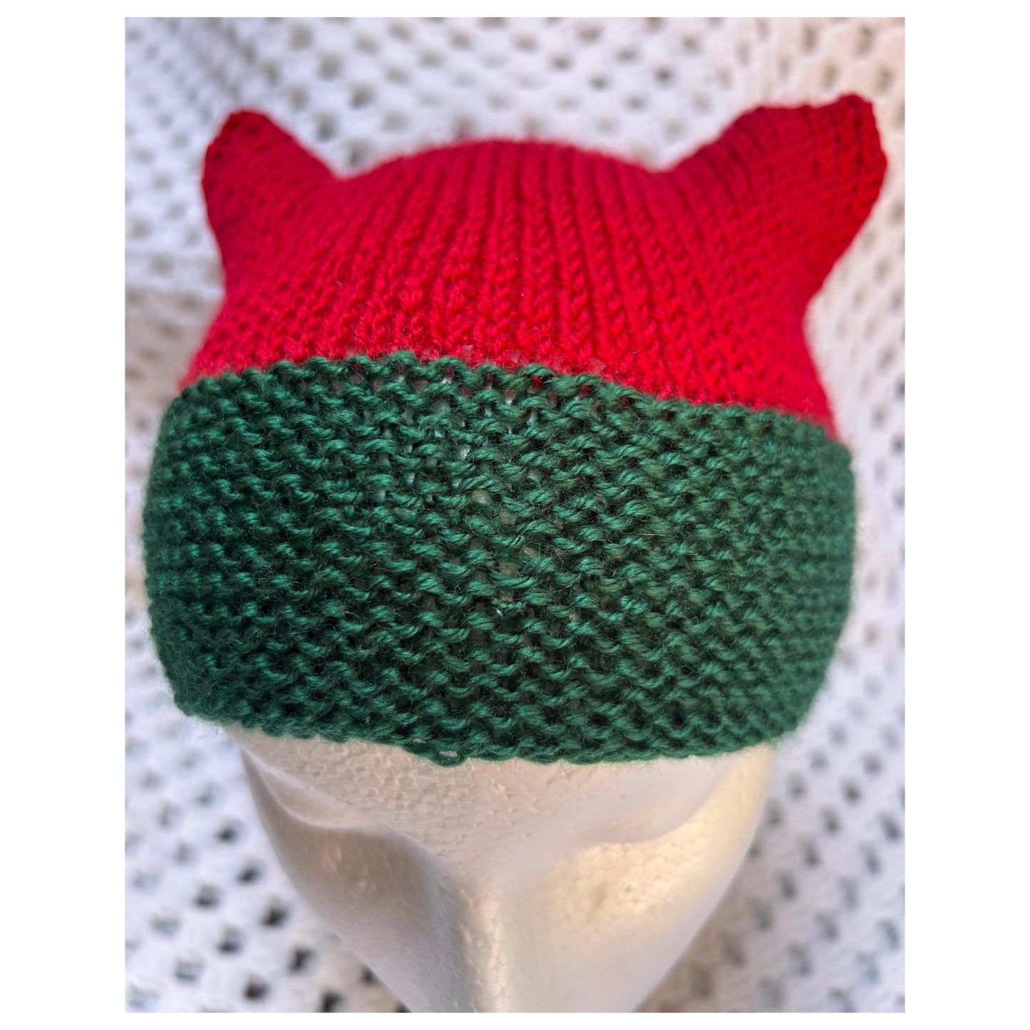 Red and Green Knit Beanie with Animal Ears - Handmade Christmas Hat