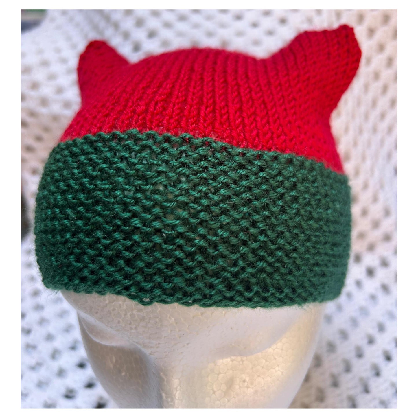Red and Green Knit Beanie with Animal Ears - Handmade Christmas Hat