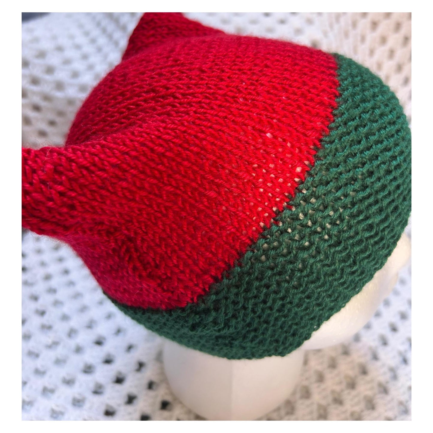 Red and Green Knit Beanie with Animal Ears - Handmade Christmas Hat