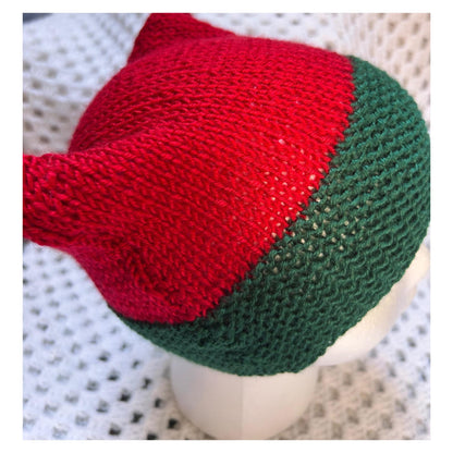 Red and Green Knit Beanie with Animal Ears - Handmade Christmas Hat