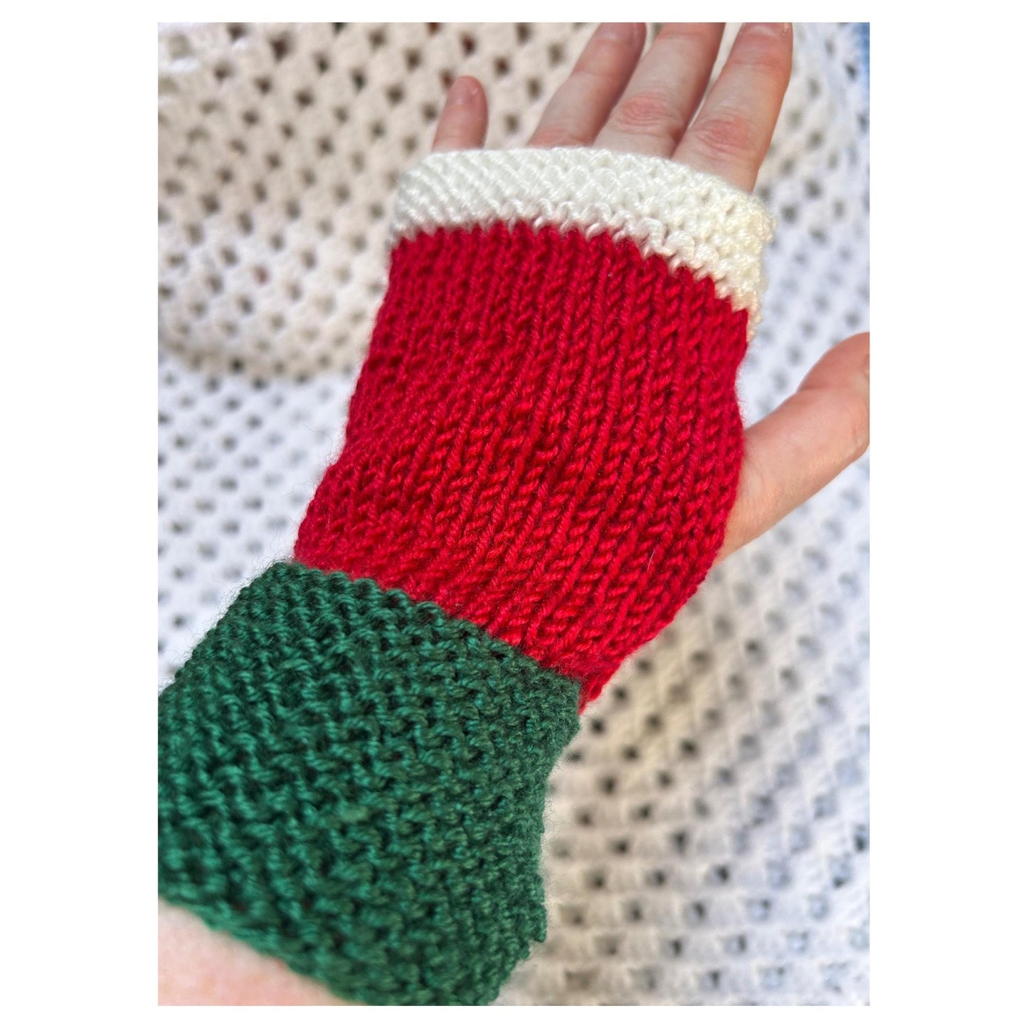 Hand-Knit Fingerless Gloves: Red, Green, and White Christmas Mitts