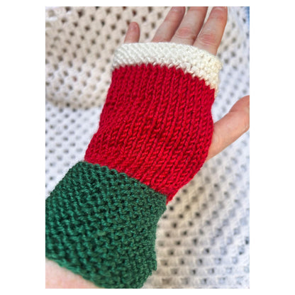 Hand-Knit Fingerless Gloves: Red, Green, and White Christmas Mitts