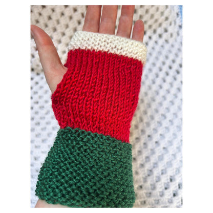 Hand-Knit Fingerless Gloves: Red, Green, and White Christmas Mitts