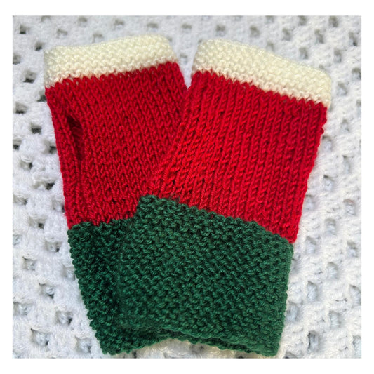 Hand-Knit Fingerless Gloves: Red, Green, and White Christmas Mitts