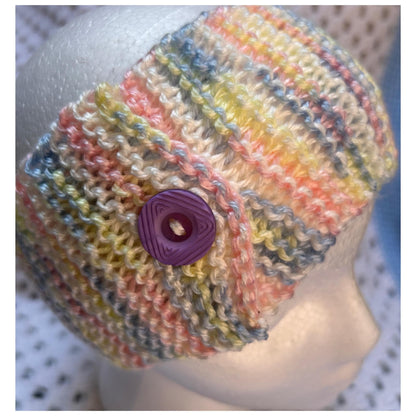 Pastel Knit Headband: Hand-Knitted Ear Warmer with Purple Button