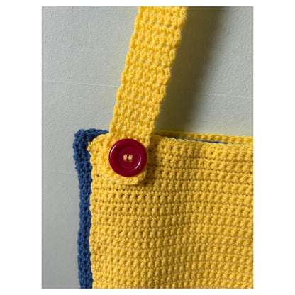 Blue Crochet Tote Bag: Handmade Colorful Pouch Handbag with Red Buttons