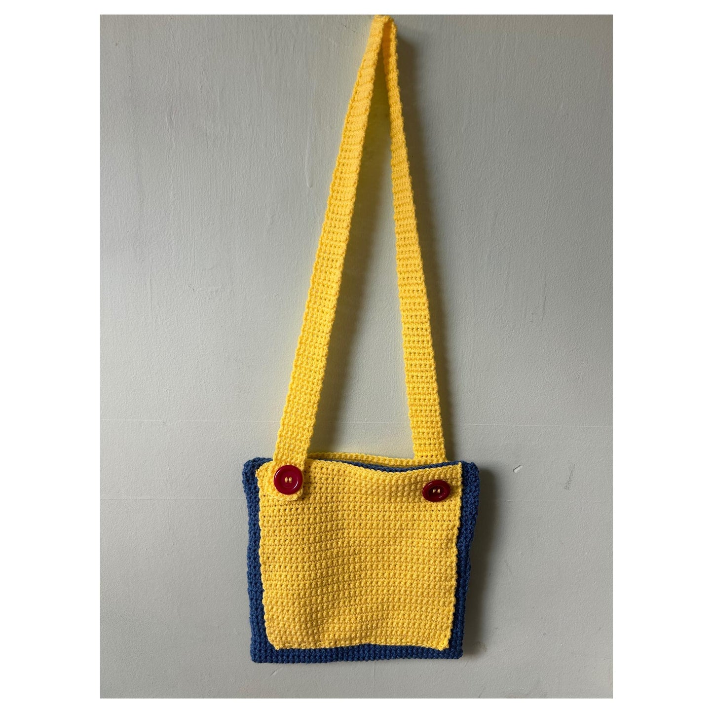Blue Crochet Tote Bag: Handmade Colorful Pouch Handbag with Red Buttons