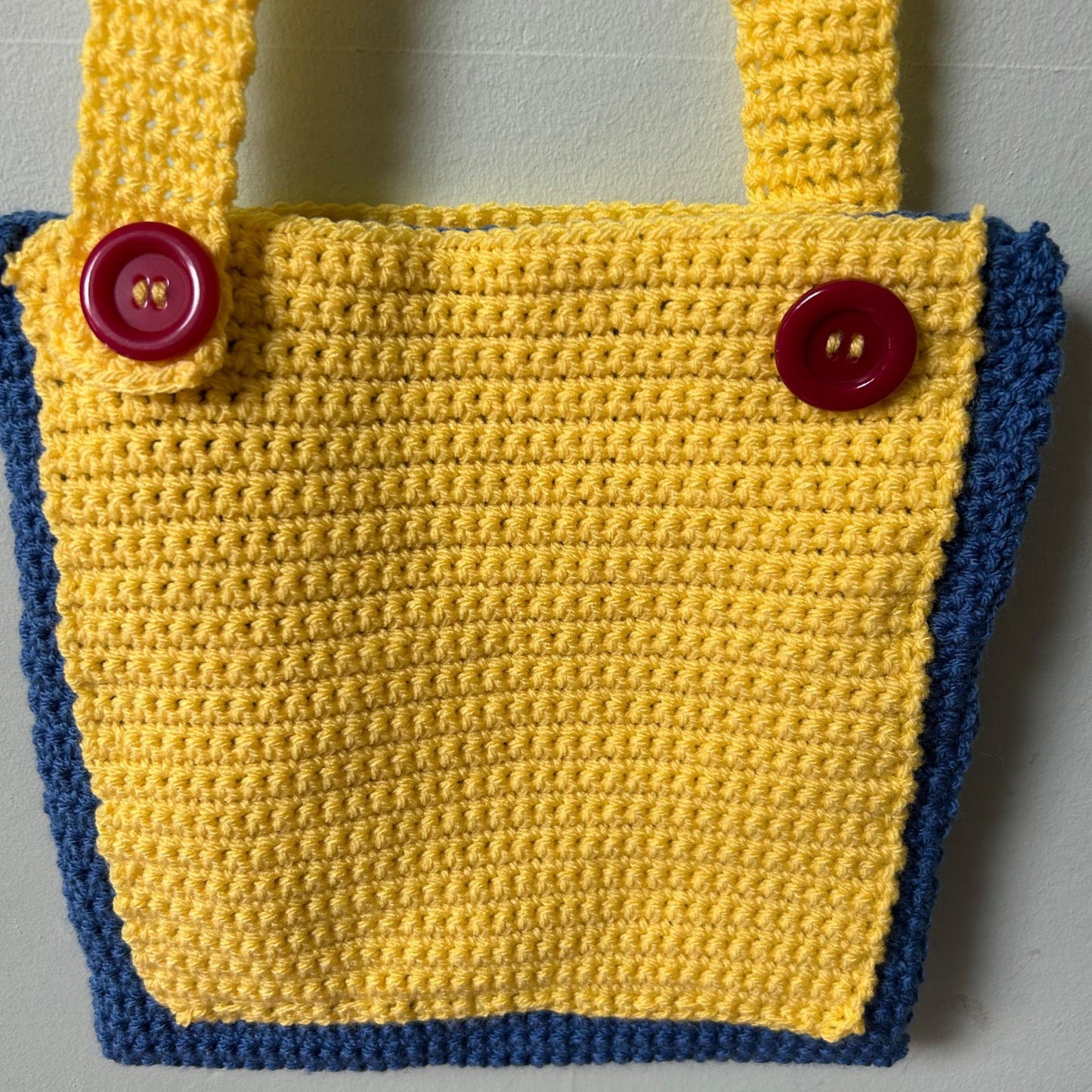 Blue Crochet Tote Bag: Handmade Colorful Pouch Handbag with Red Buttons