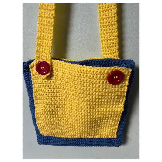 Blue Crochet Tote Bag: Handmade Colorful Pouch Handbag with Red Buttons