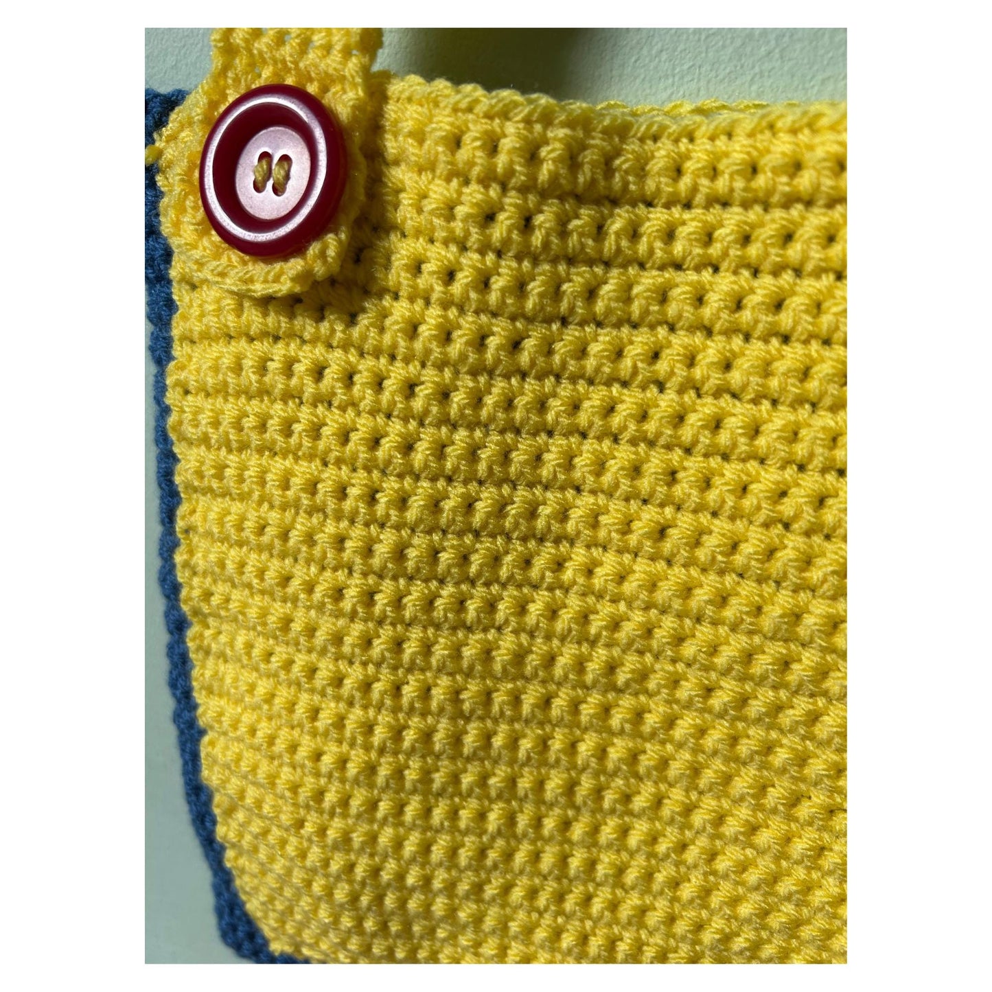 Blue Crochet Tote Bag: Handmade Colorful Pouch Handbag with Red Buttons