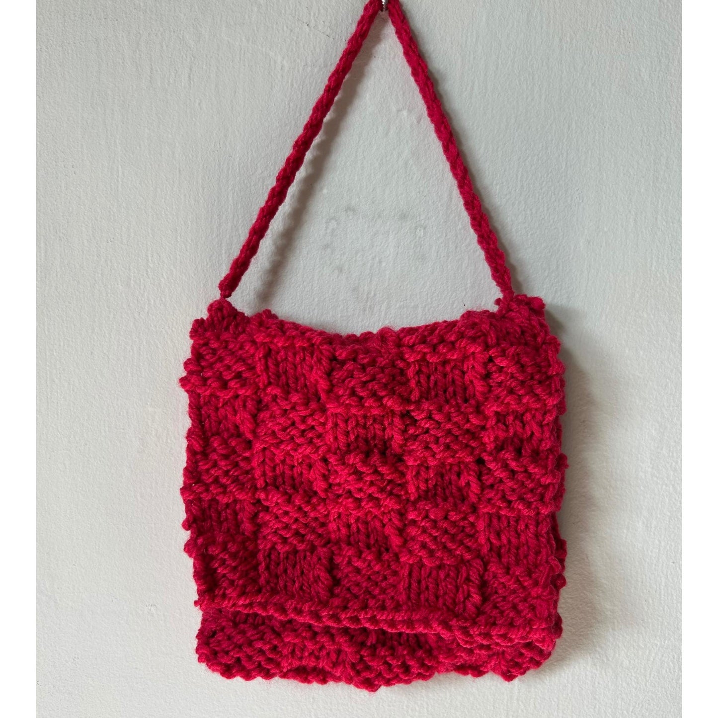 Chunky Red Short Strap Textured Hand Knit Bag