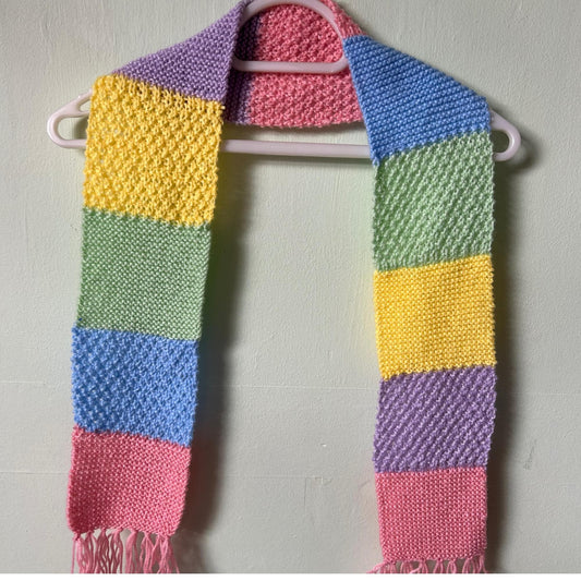 Pastel Rainbow Knitted Scarf: Striped Fringe Scarf