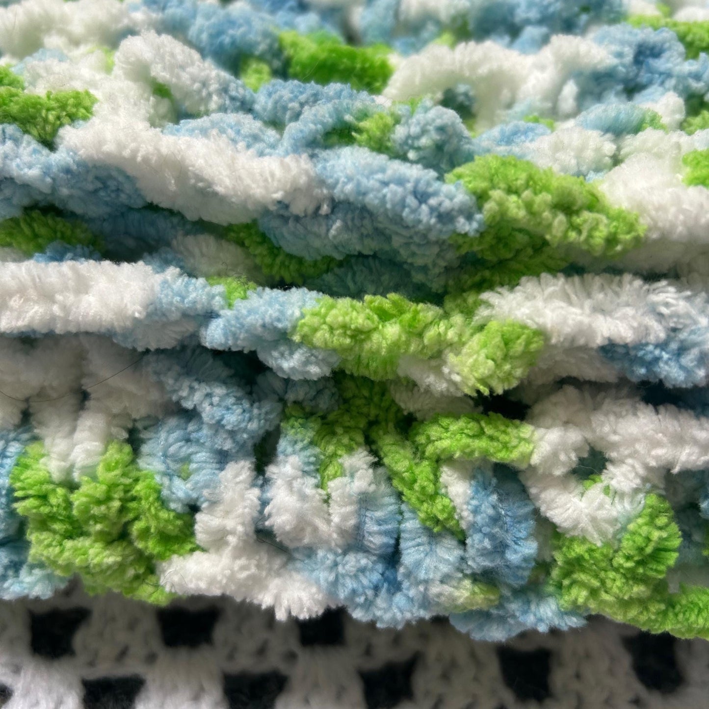 Super Chunky Blue Green and White Openweave Knit Scarf