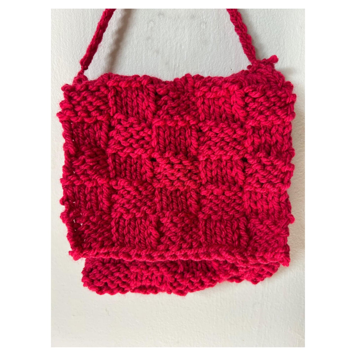 Chunky Red Short Strap Textured Hand Knit Bag