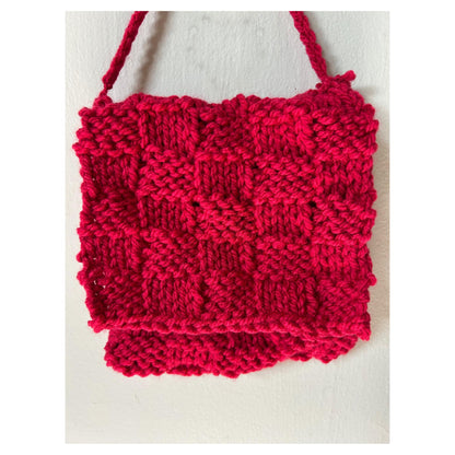 Chunky Red Short Strap Textured Hand Knit Bag