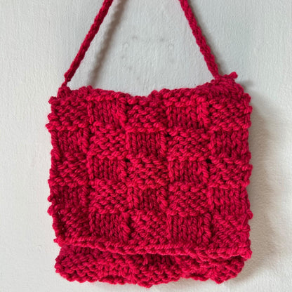 Chunky Red Short Strap Textured Hand Knit Bag