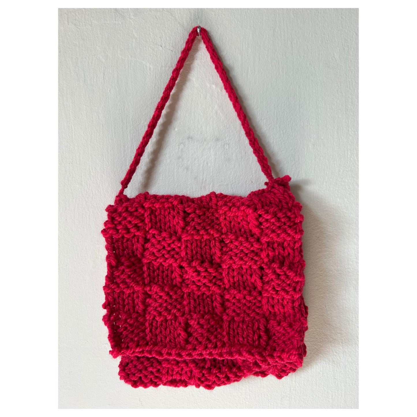 Chunky Red Short Strap Textured Hand Knit Bag