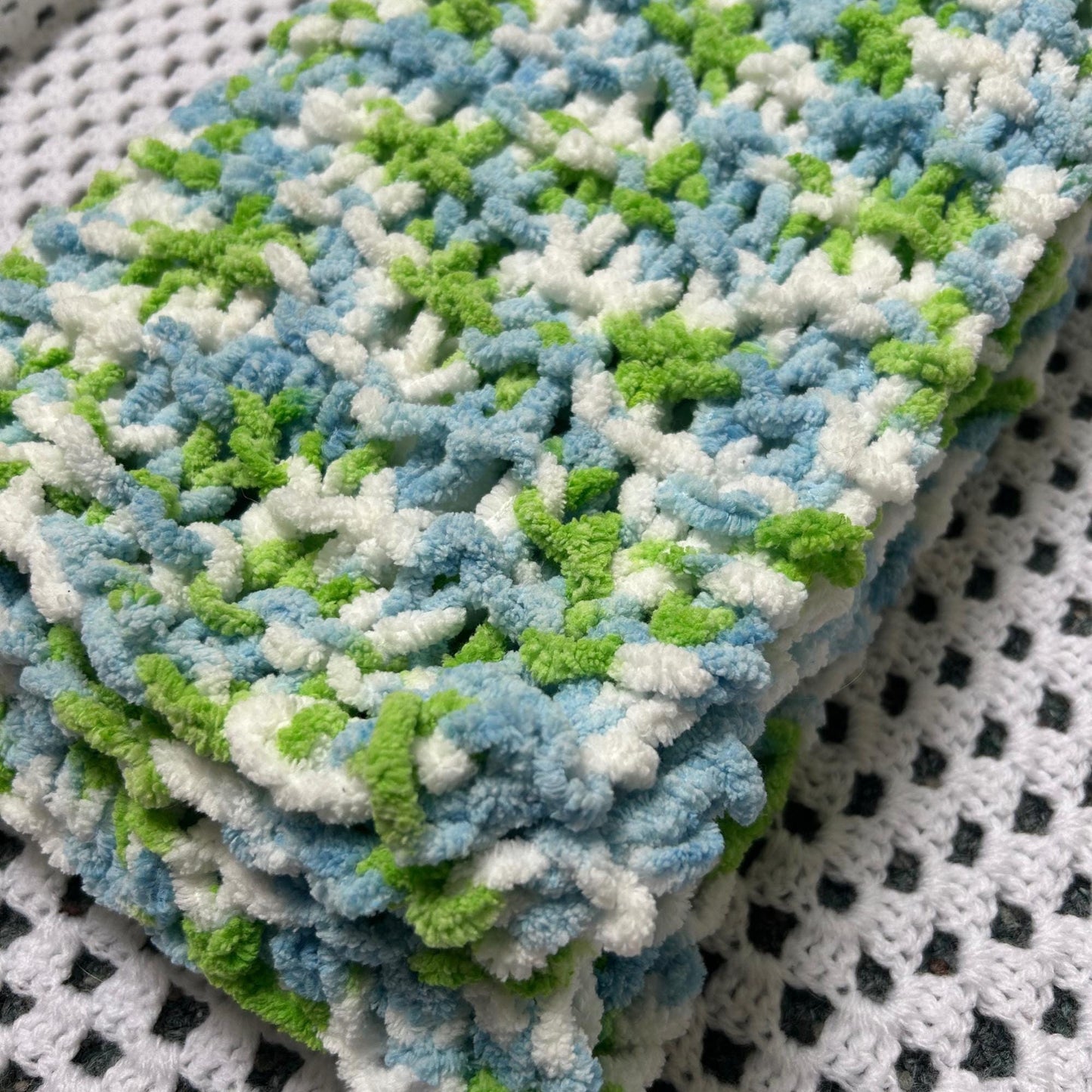 Super Chunky Blue Green and White Openweave Knit Scarf