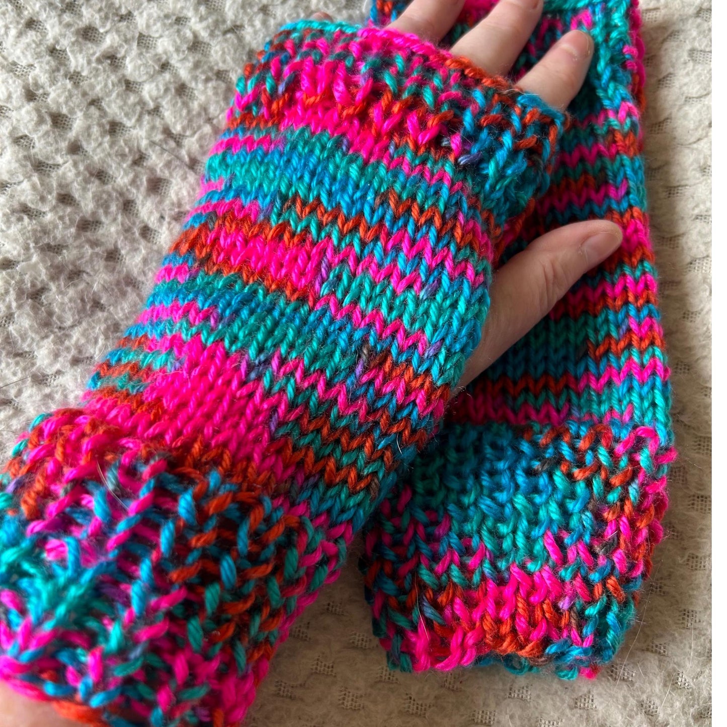 Brightly Coloured Pink Blue and Gold Fingerless Gloves for Her