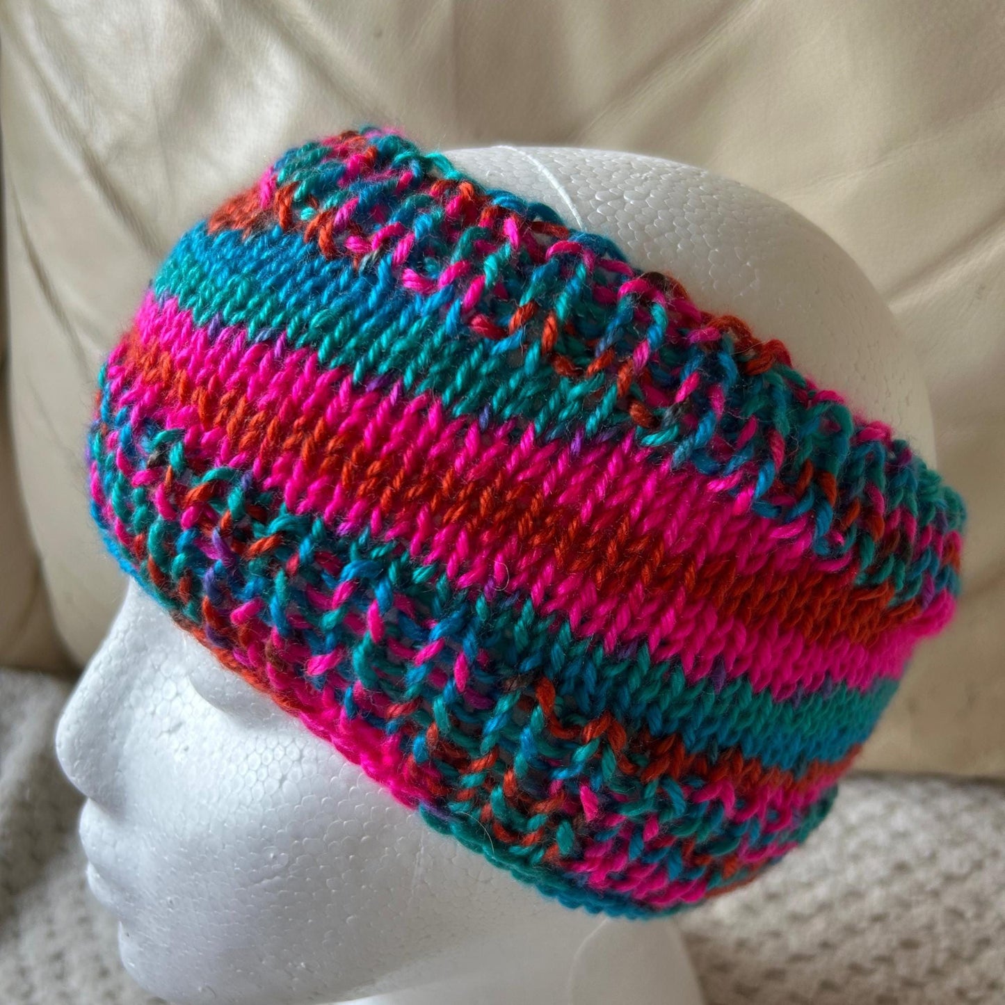Brightly Coloured Pink Blue and Gold Hand Knit Headband
