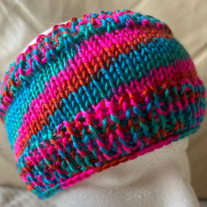 Brightly Coloured Pink Blue and Gold Hand Knit Headband