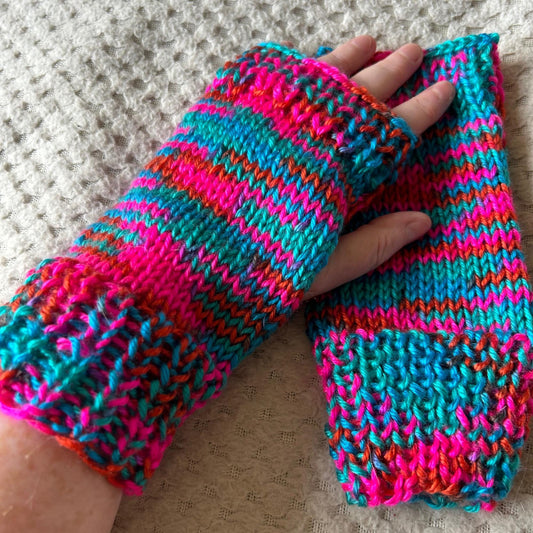 Brightly Coloured Pink Blue and Gold Fingerless Gloves for Her